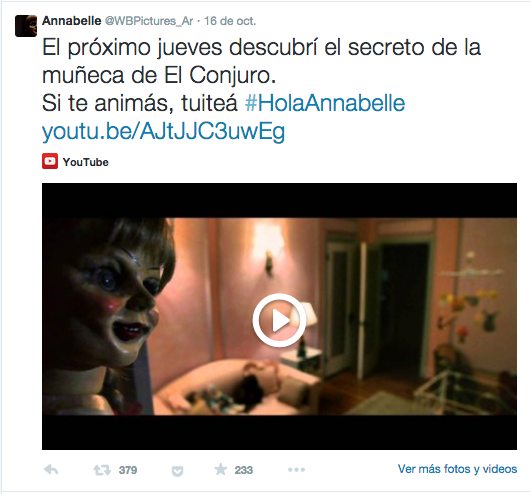 Cinema marketing_tweet de Warner Annabelle
